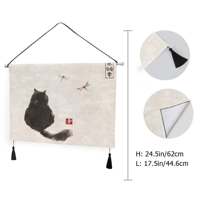 YYZZH Black Fluffy Cat Watch Dragonfly On Vintage Paper Japanese Ink Painting Hanging Canvas Print Wall Art Decor 17.5"X24.5" Poster Artwork Painting Prints Home Decor For Bedroom Living Room - Image 3
